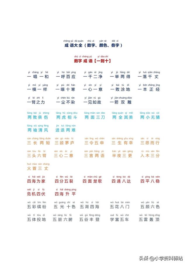 小学生必备成语大全拼音版（数字，颜色，叠字）